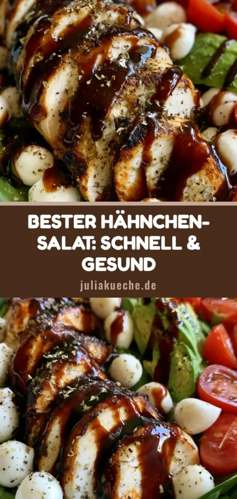 Draufsicht auf einen Hähnchen-Salat mit Mozzarella in einer weißen Schüssel mit Avocado und Balsamico-Crème.