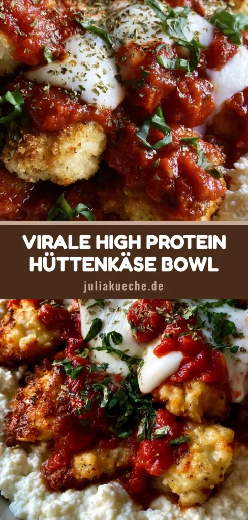 High Protein Hähnchen Bowl: Dein schnelles Fitness-Rezept mit Hüttenkäse 4 Eine weiße Schüssel mit High Protein Hähnchen Bowl: Unten Hüttenkäse, oben knuspriges Hähnchen mit Tomatensauce und Käse.