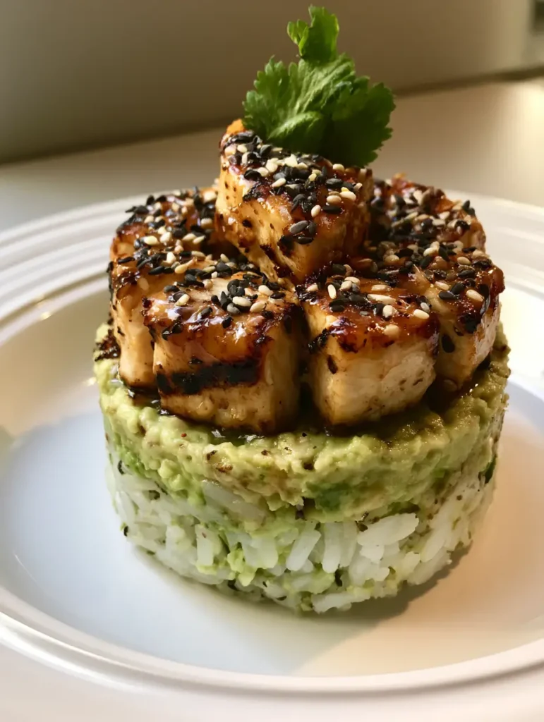 Honig-Limetten-Hähnchen: Die ultimative Bowl mit Avocado und Reis 1 Seitenansicht der Schichten aus Avocado, Reis und glasiertem Hähnchen mit Limette.