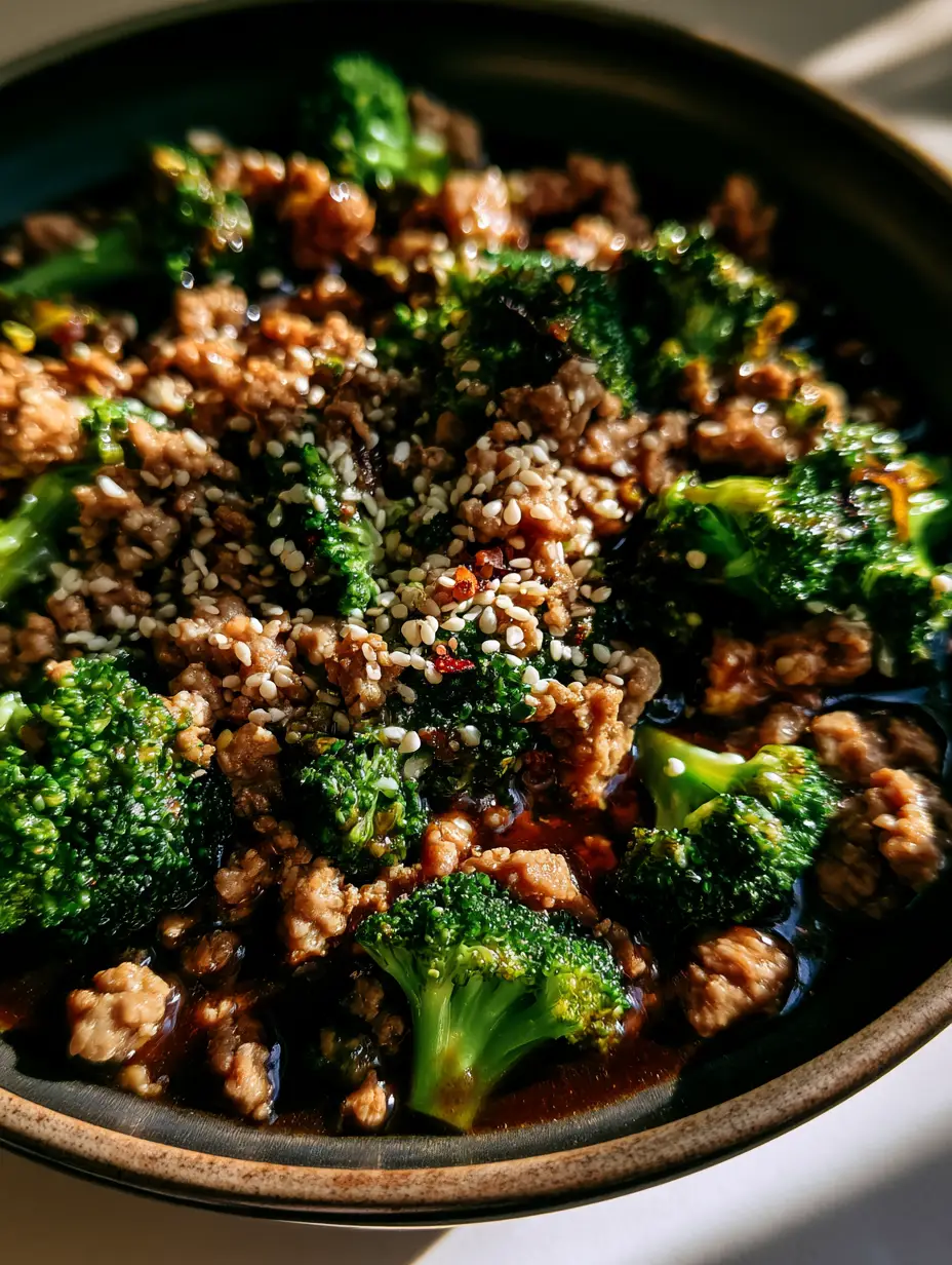 Smartphone-Foto einer glänzenden Puten-Hackfleisch Pfanne mit grünem Brokkoli.