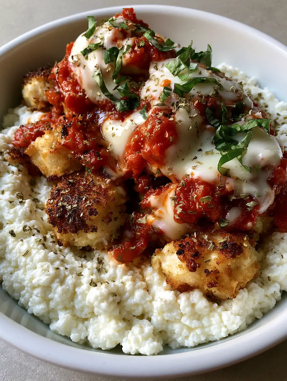 High Protein Hähnchen Bowl: Dein schnelles Fitness-Rezept mit Hüttenkäse 3 Draufsicht auf eine High Protein Hähnchen Bowl mit geschmolzenem Mozzarella und frischem Basilikum.