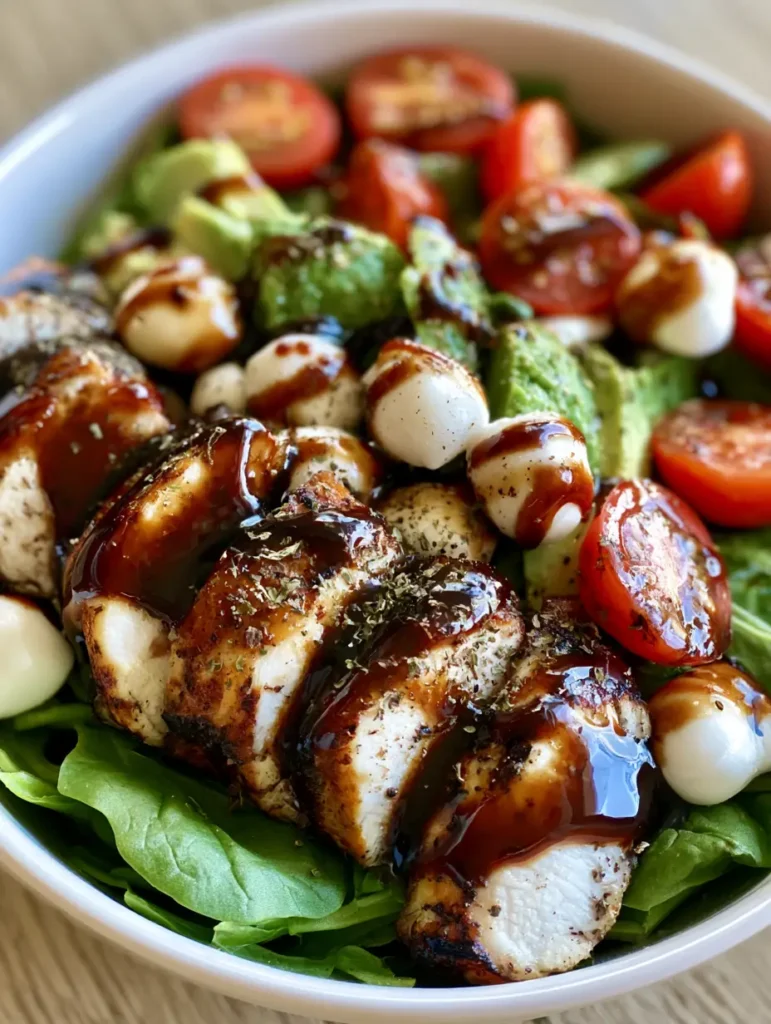 Ein fertig angerichteter Hähnchen-Salat mit Mozzarella, Avocado und dunkler Balsamico-Glasur.