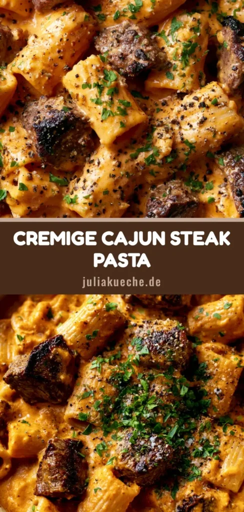 Cajun Steak Pasta: Die ultimative cremige Steak-Pasta in 30 Minuten 4 Draufsicht auf eine rustikale Schale mit Cajun Steak Pasta, garniert mit Petersilie und Pfeffer.