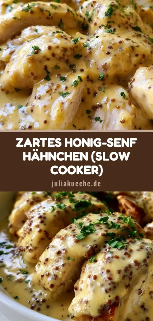 Honig-Senf Hähnchen Slow Cooker: Das ultimative Rezept für zartes Fleisch 4 Nahaufnahme von geschnittener Hähnchenbrust in cremiger Honig-Senf Sauce mit groben Senfkörnern in einer weißen Schüssel. (Honig-Senf Hähnchen Slow Cooker)