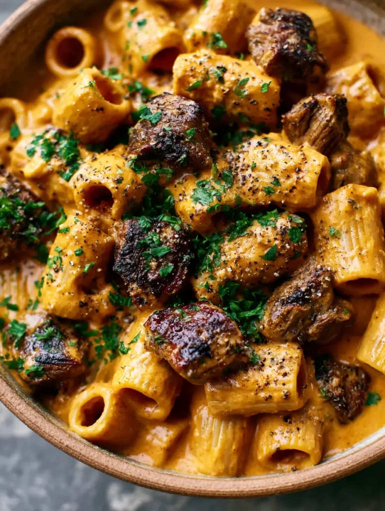 Cajun Steak Pasta: Die ultimative cremige Steak-Pasta in 30 Minuten 2 Nahaufnahme von Rigatoni Nudeln in einer orangefarbenen Cajun-Sauce mit Steakspitzen.