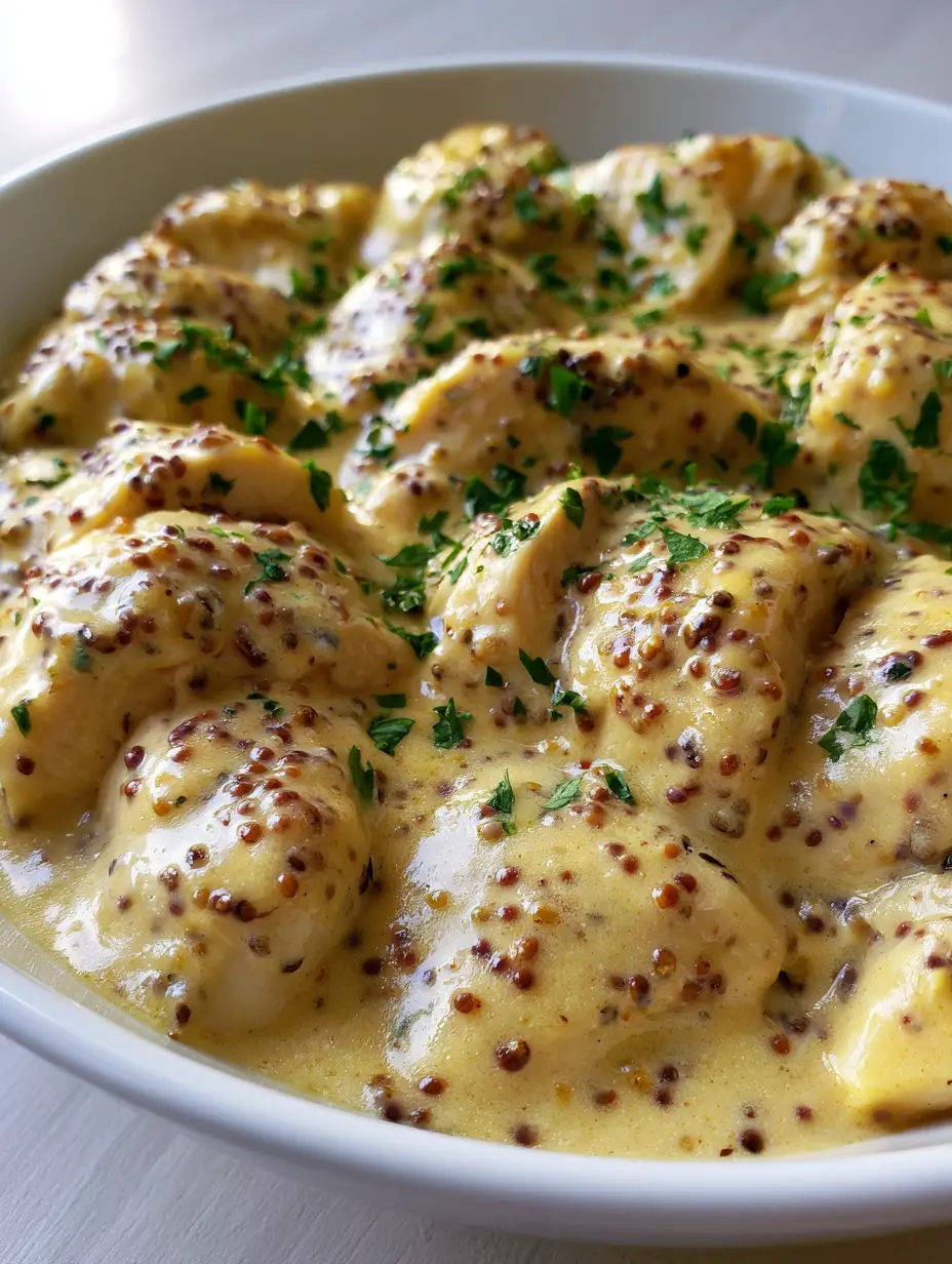 Honig-Senf Hähnchen Slow Cooker: Das ultimative Rezept für zartes Fleisch 3 Saftig geschnittene Hähnchenbrust in einer glänzenden hellgelben Honig-Senf-Cremesauce mit Petersilie. (Honig-Senf Hähnchen Slow Cooker)
