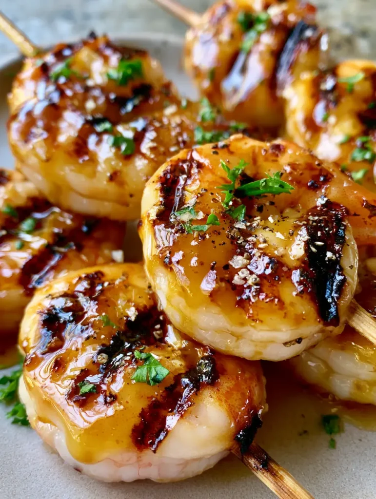 Gegrillte Garnelen mit Honig-Glasur: Das ultimative Sommer-Rezept 1 Gegrillte Garnelenspieße angerichtet mit frischen Kräutern auf einer rustikalen Oberfläche.