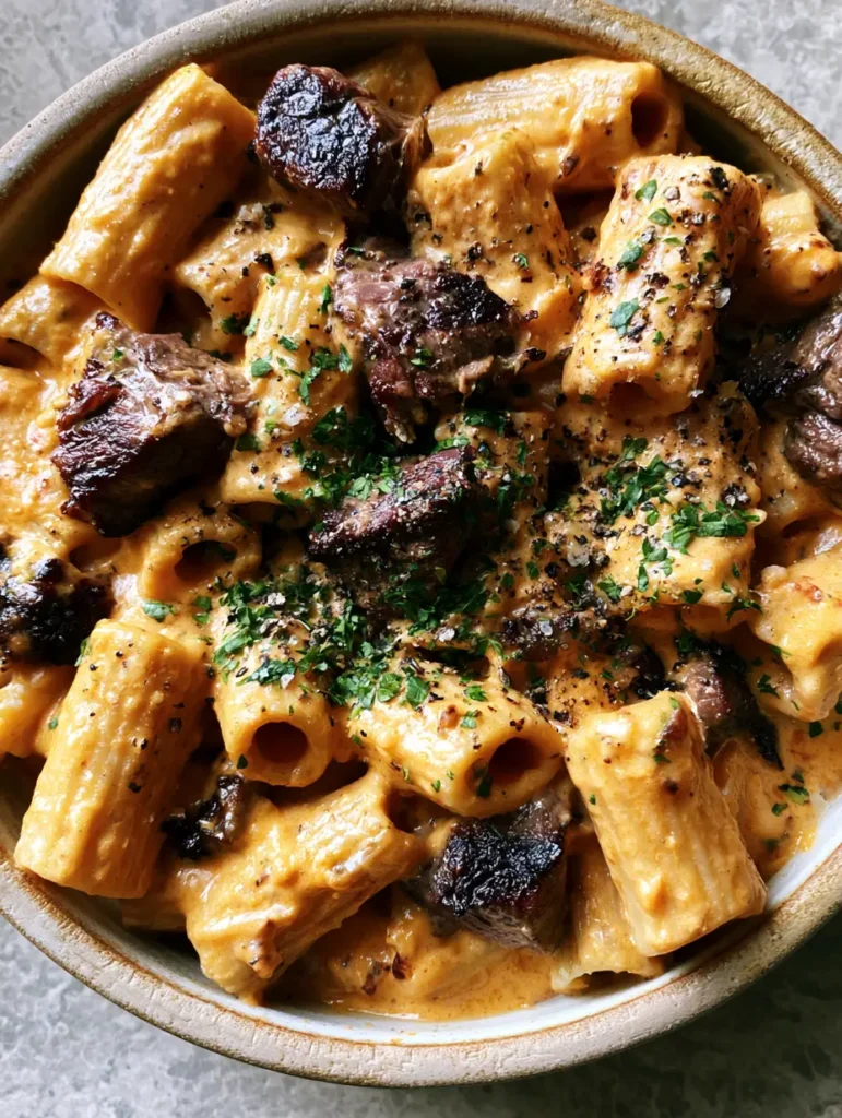 Cajun Steak Pasta: Die ultimative cremige Steak-Pasta in 30 Minuten 1 Cajun Steak Pasta serviert in einer grauen Steingutschale auf neutralem Hintergrund.