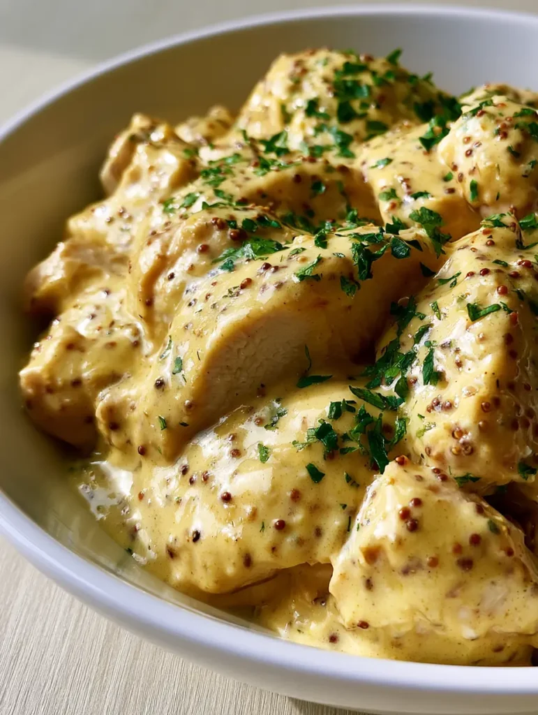 Honig-Senf Hähnchen Slow Cooker: Das ultimative Rezept für zartes Fleisch 1 Detailansicht der cremigen Hähnchen-Senf-Sauce mit sichtbaren Senfkörnern und frischen Kräutern.