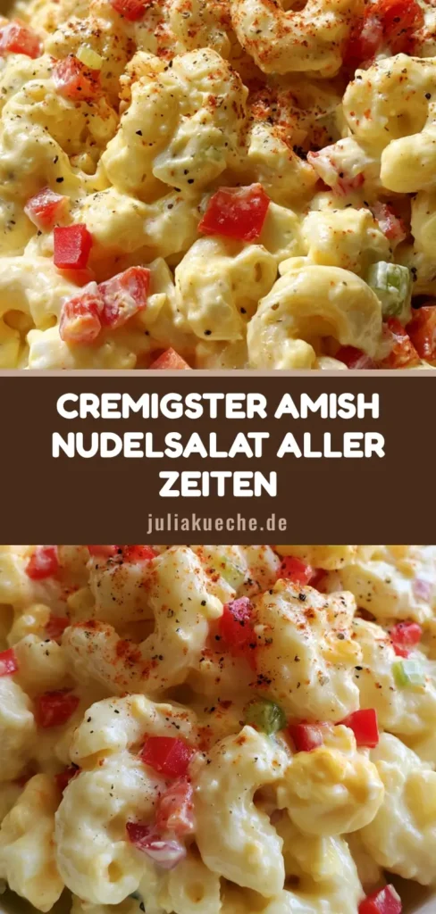 Ein cremiger Amish Nudelsalat mit gelbem Dressing, roter Paprika und Ei in einer weißen Schüssel.