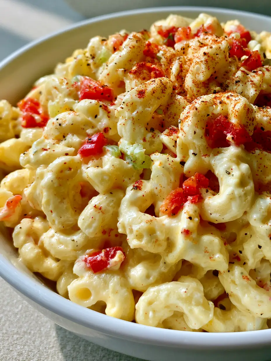 Nahaufnahme eines Amish Nudelsalats mit Hörnchennudeln, Paprika und Sellerie.