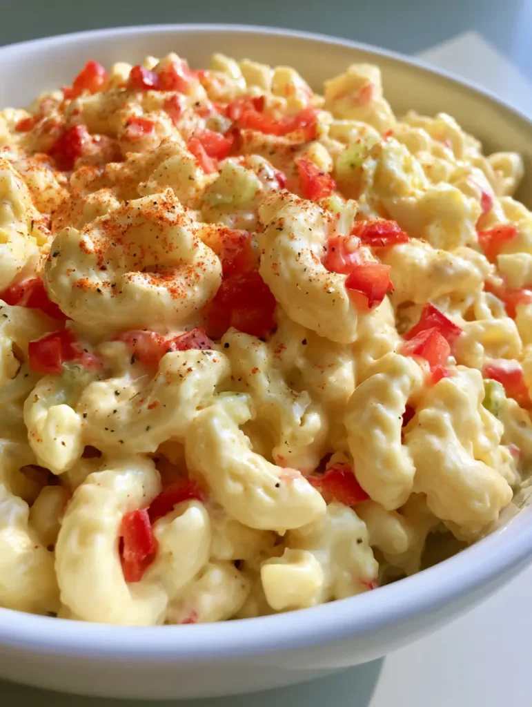 Cremiger Nudelsalat mit hartgekochten Eiern und Paprikapulver-Garnitur.