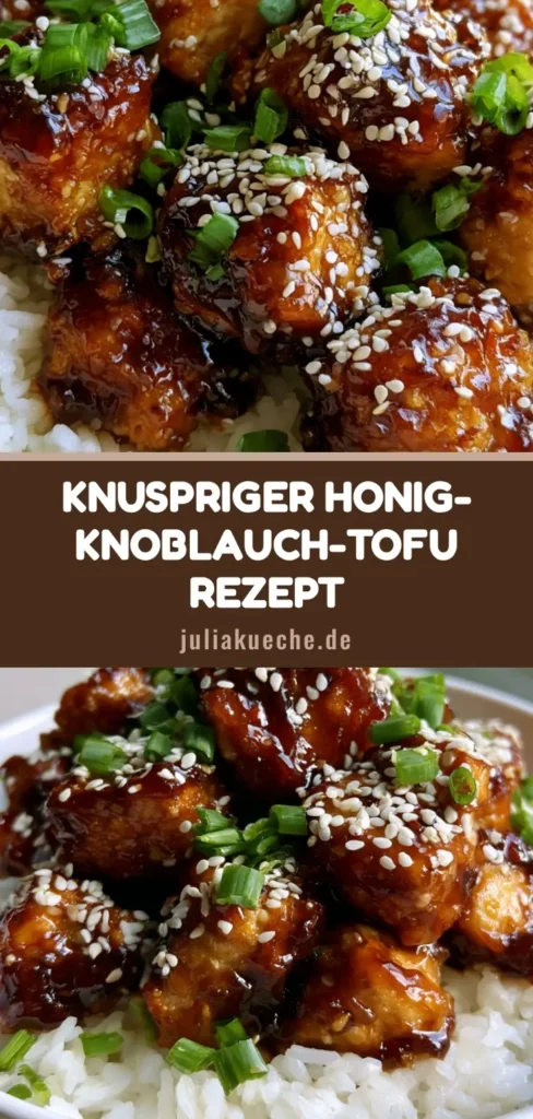 Knuspriger Tofu Rezept: Eine Schüssel mit weißem Jasminreis, gekrönt von goldbraunen Tofuwürfeln in klebriger Honig-Knoblauch-Sauce, garniert mit Sesam und Frühlingszwiebeln.