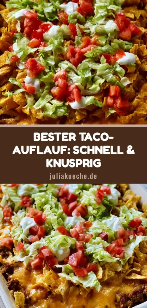 Taco Auflauf: Das ultimative Familienrezept mit Crunch-Garantie 4 Ein appetitlicher Taco Auflauf in einer weißen Form, belegt mit Fleisch, Käse, Chips und frischem Salat.