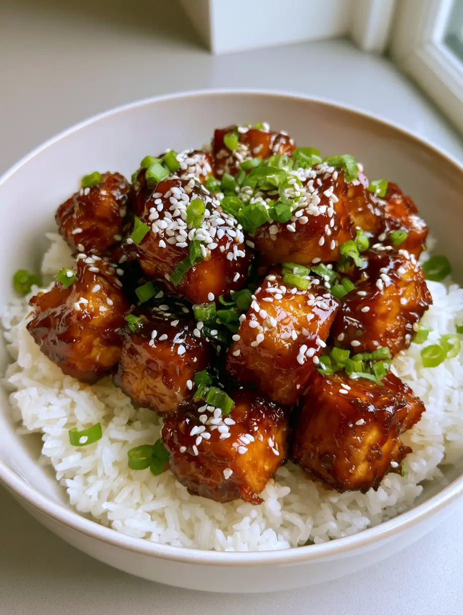Nahaufnahme von knusprigen Tofuwürfeln mit glänzender Honig-Knoblauch-Glasur auf Reis. (Knuspriger Tofu Rezept)