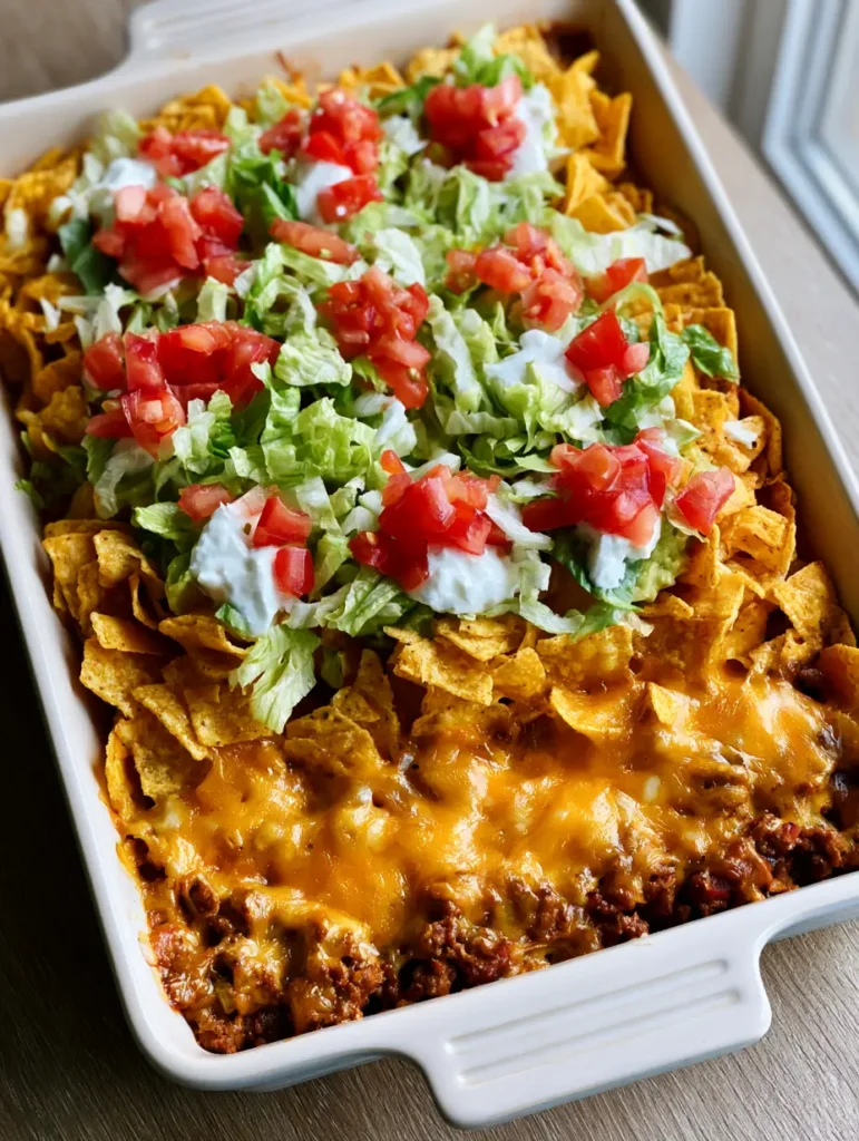 Taco Auflauf: Das ultimative Familienrezept mit Crunch-Garantie 2 Draufsicht auf einen Taco Auflauf mit geschmolzenem Cheddar und goldgelben Chips.