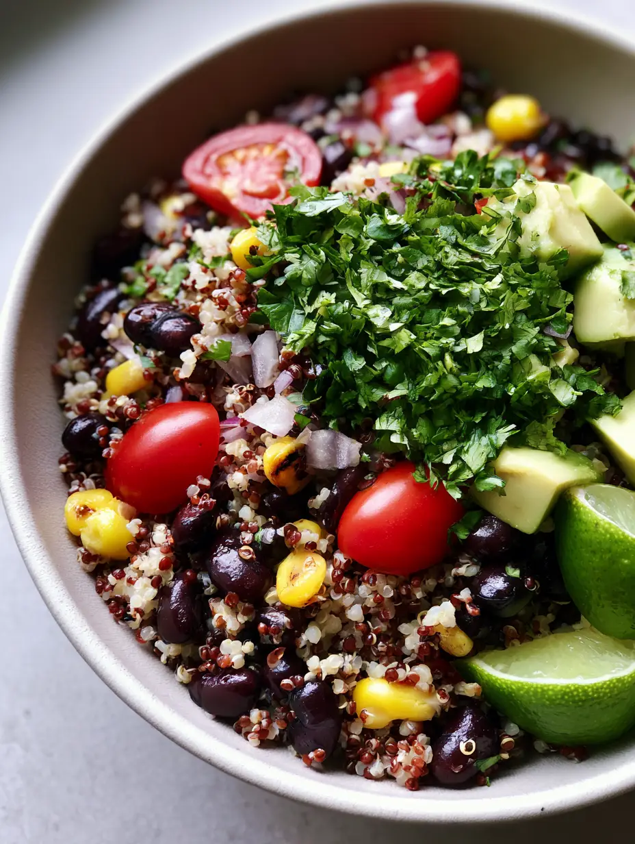 Draufsicht auf einen Quinoa Salat mit Mais, Tomaten und Avocado in einer grauen Keramikschale.