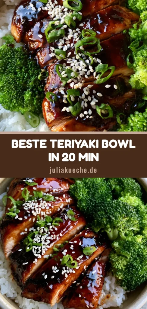 Draufsicht einer Teriyaki Chicken Bowl mit glänzendem Hähnchen, hellem Jasminreis und grünem Brokkoli, garniert mit Sesam.