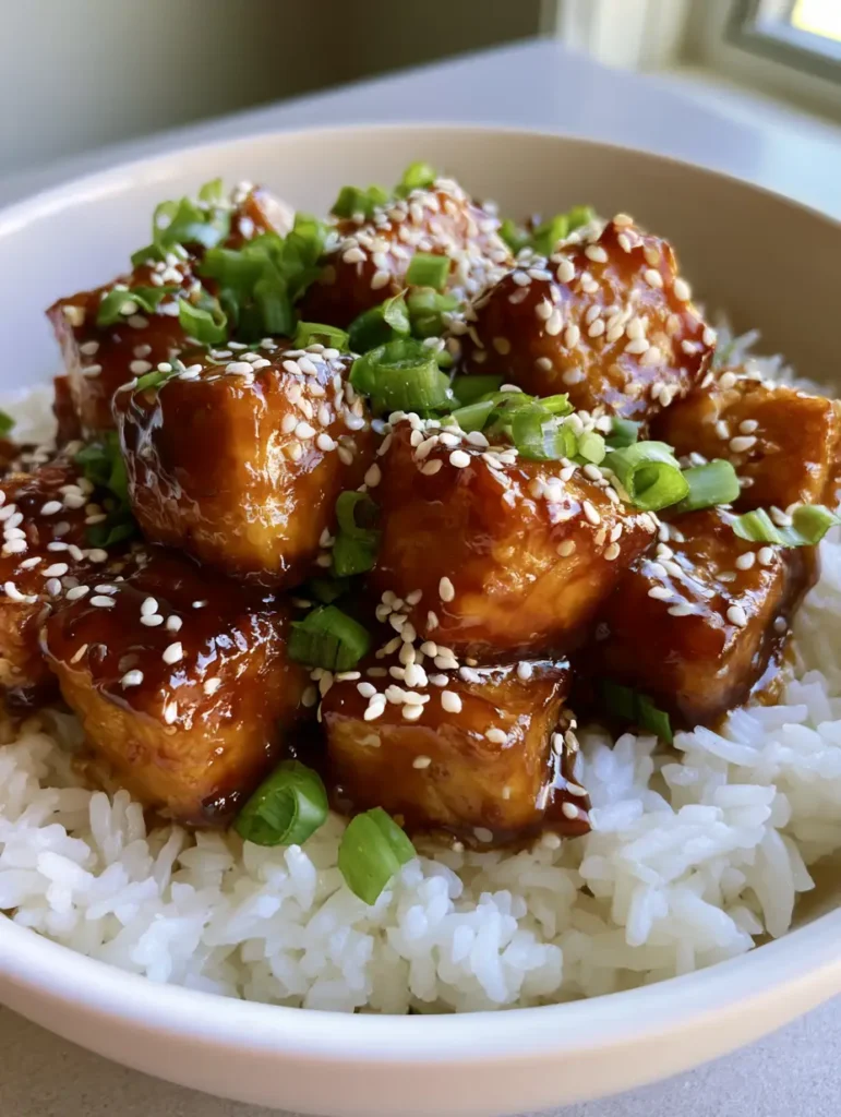 Draufsicht auf eine weiße Schüssel mit Jasminreis und knusprigem Tofu in einer dunklen Sauce, bestreut mit frischen grünen Zwiebeln.