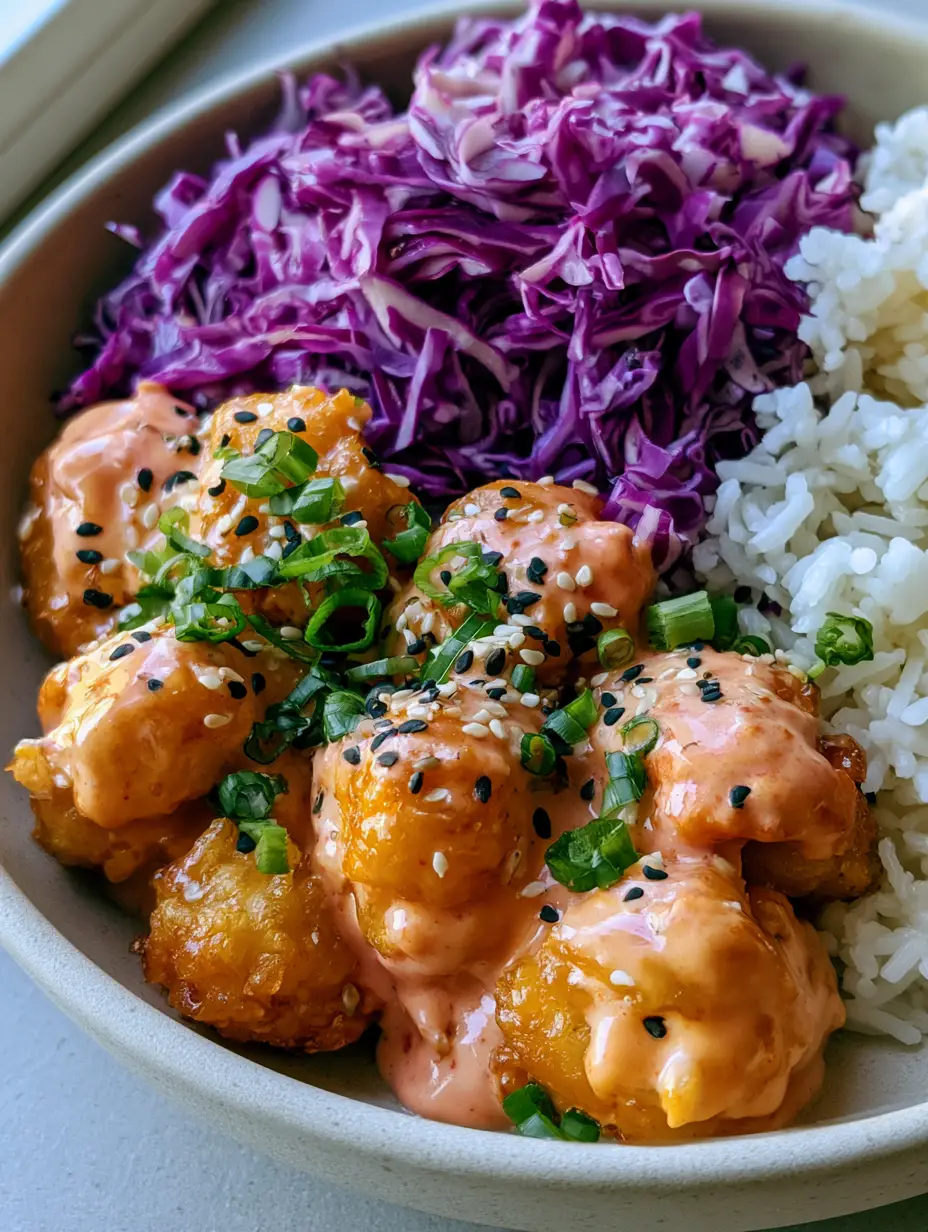 Ein Smartphone-Foto einer Bang Bang Chicken Bowl in einer Keramikschale, serviert mit Stäbchen.