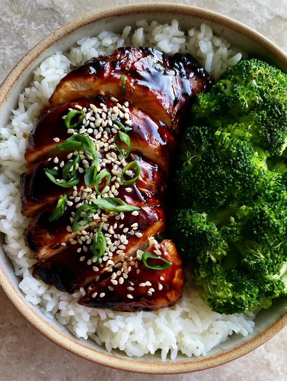 Nahaufnahme einer Keramikschüssel mit Teriyaki-Hähnchen, Reis und Brokkoli auf minimalistischem Steinuntergrund.