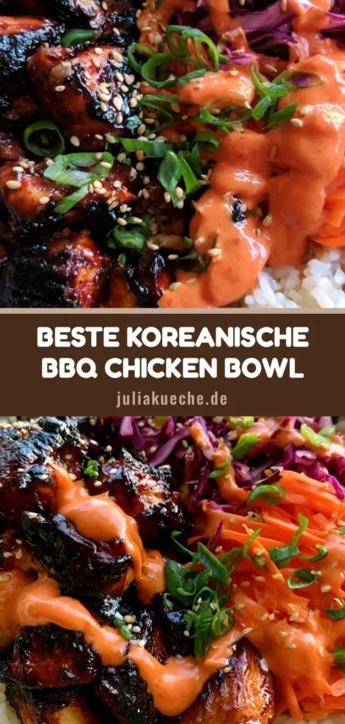 Koreanische Chicken Bowl: Das ultimative Rezept für zu Hause 3 Koreanische Chicken Bowl in einer Schüssel mit Reis, karamellisiertem Hähnchen, Rotkohl und Gochujang-Sauce.
