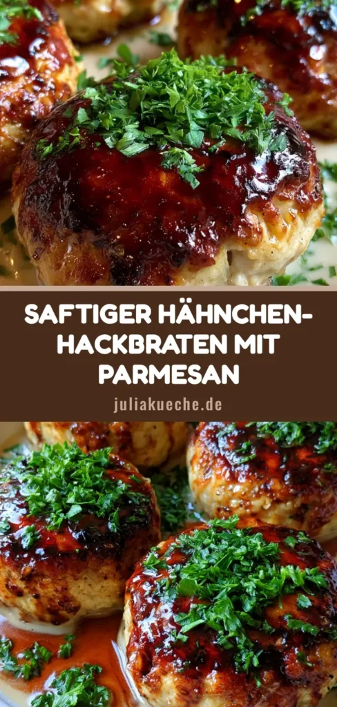 Vier individuelle Hähnchen-Hackbraten mit dunkler Balsamico-Glasur und Petersilie auf einem weißen Teller.