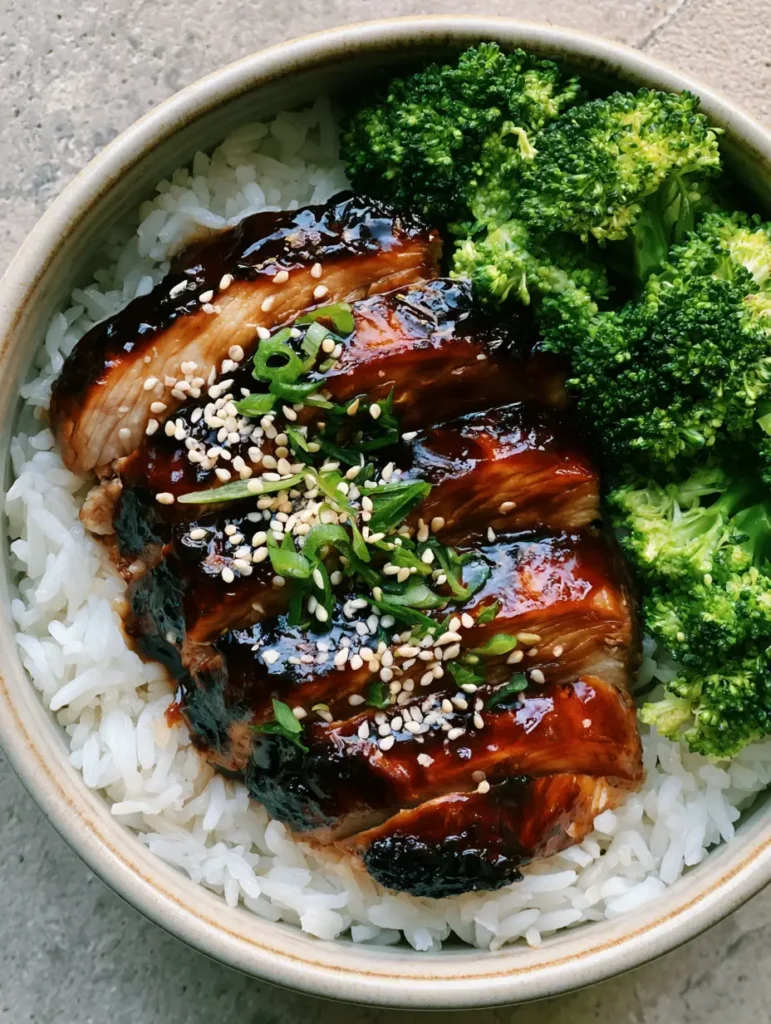 Servierfertige Teriyaki Chicken Bowl mit viel Sesam und frischen Frühlingszwiebeln.