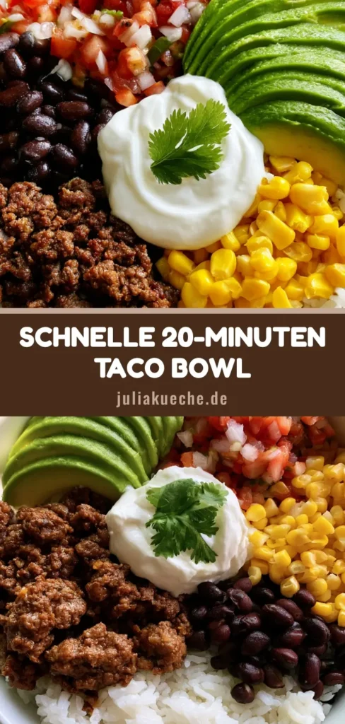 Eine farbenfrohe Taco-Bowl mit Hackfleisch, Jasminreis, schwarzen Bohnen, Mais und Avocado in einer weißen Schüssel.