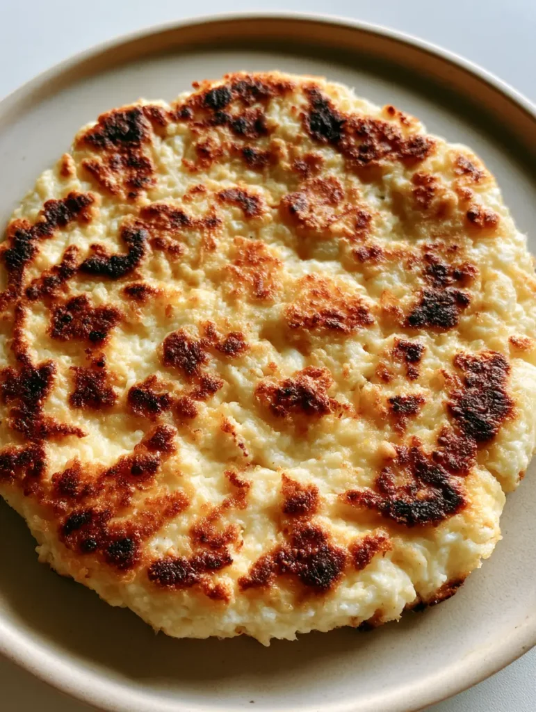 Hüttenkäse Fladenbrot: Das proteinreiche 2-Zutaten-Wunder für Deine Küche 1 Hüttenkäse Fladenbrot frisch aus der Pfanne mit charakteristischen dunklen Röststellen auf einem minimalistischen Teller.