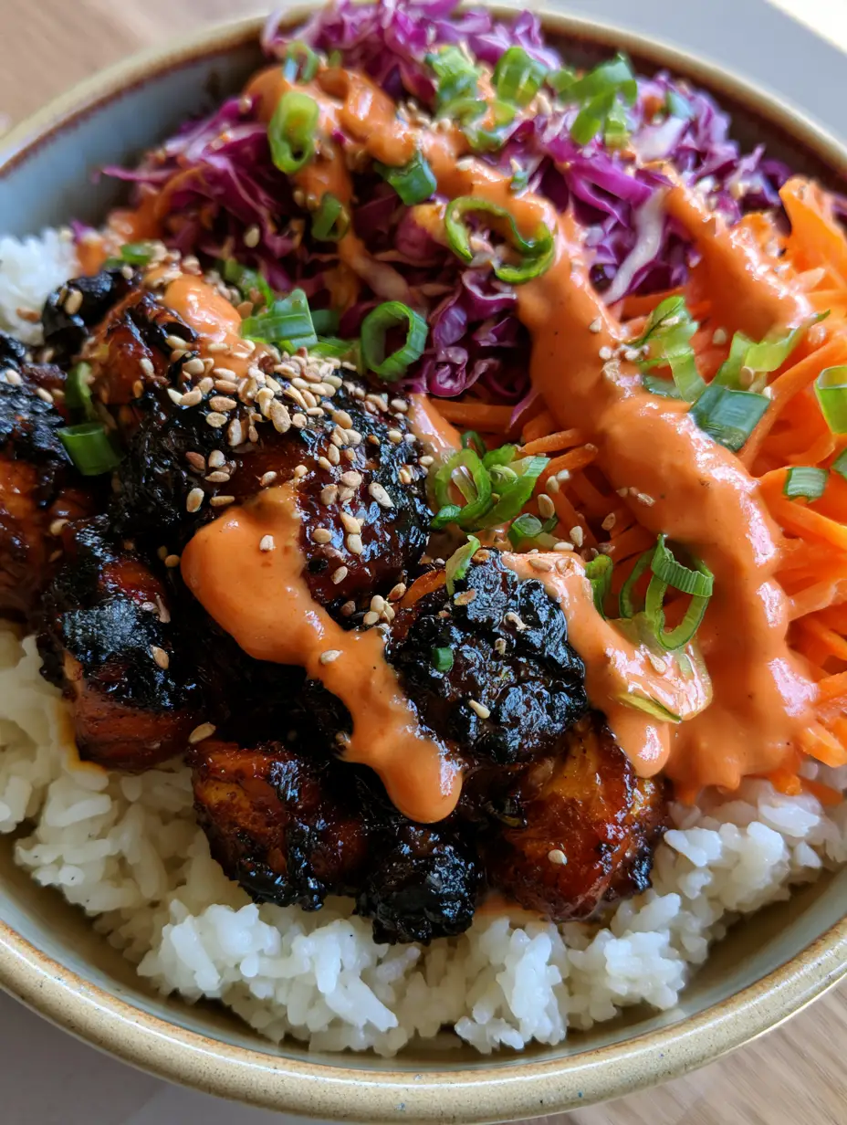 Koreanische Chicken Bowl: Das ultimative Rezept für zu Hause 4 Draufsicht auf eine farbenfrohe Koreanische Chicken Bowl mit dunklem BBQ-Hähnchen und frischem Gemüse.