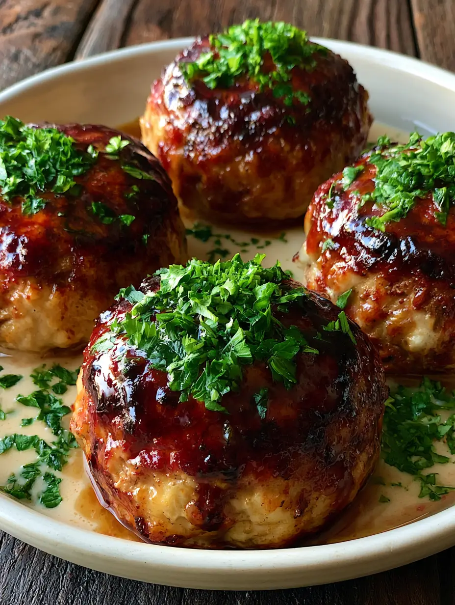 Nahaufnahme von Hähnchen-Hackbraten Patties in einer cremigen Sahnesauce mit frischer Petersilie.