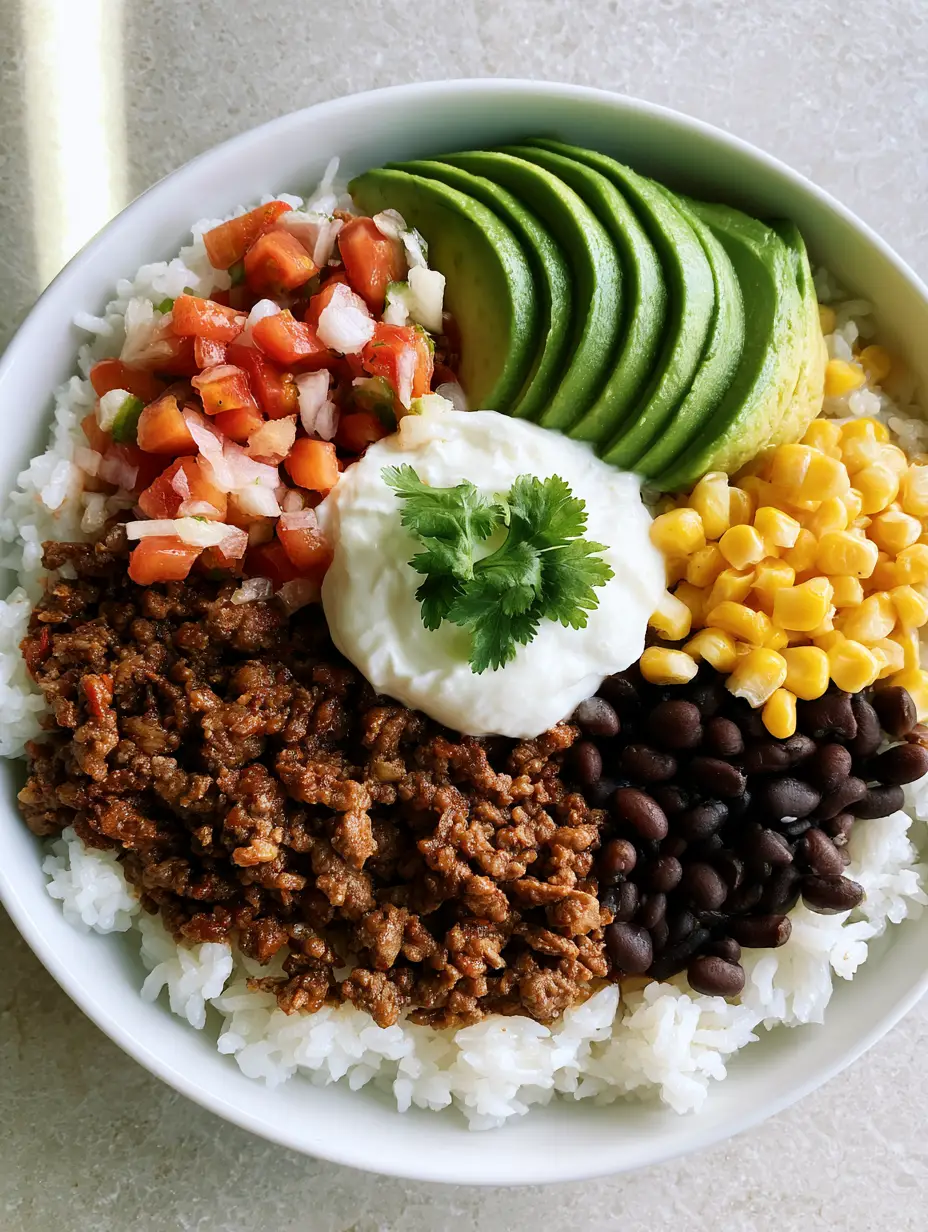 Nahaufnahme einer Taco-Bowl mit Hackfleisch, Pico de Gallo und einem Klecks saurer Sahne von oben.