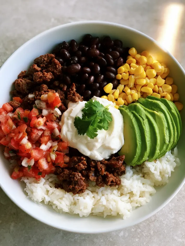 Draufsicht auf eine servierfertige Taco-Bowl mit Hackfleisch auf einer grauen Steinfläche.