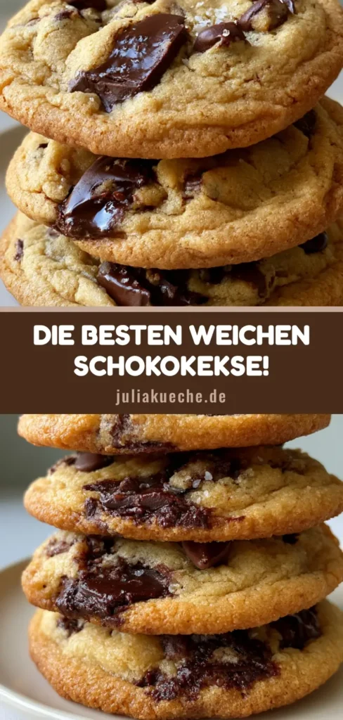 Chocolate Chip Cookies Rezept: Außen knusprig, innen weich & unwiderstehlich 4 Ein Stapel von drei dicken Chocolate Chip Cookies mit schmelzender Schokolade und Meersalz auf einem weißen Teller. (Chocolate Chip Cookies Rezept)