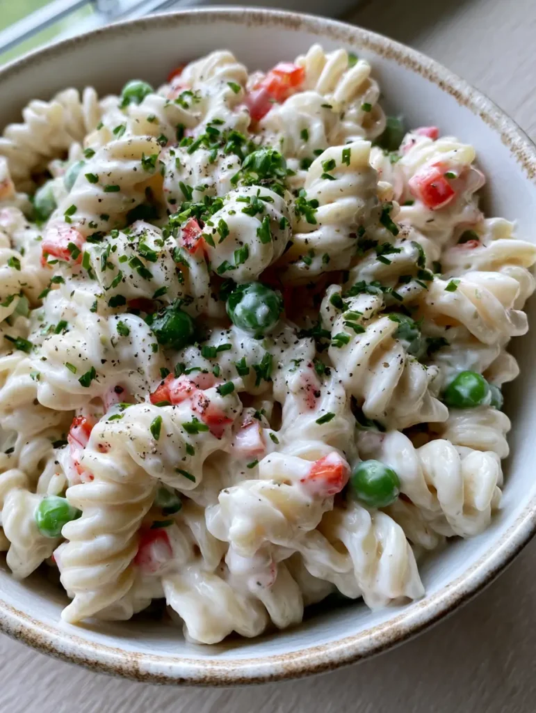 Nudelsalat mit Schmand: Das ultimative Rezept für cremigen Genuss 1 Rustikale weiße Schüssel mit Nudelsalat mit Schmand auf einem Holztisch, beleuchtet durch natürliches Tageslicht.