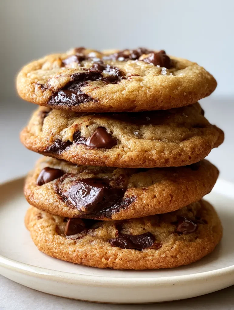 Chocolate Chip Cookies Rezept: Außen knusprig, innen weich & unwiderstehlich 1 Frisch gebackene Chocolate Chip Cookies auf einem hellen Teller mit weichem Kern und Meersalz.