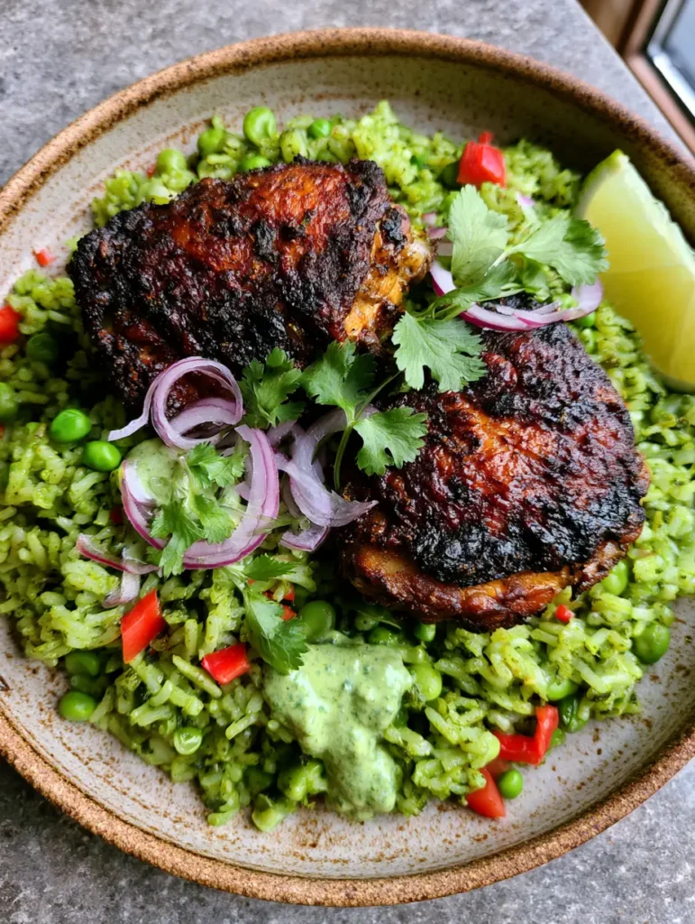 Peruanisches Hähnchen mit Reis: Das ultimative Arroz con Pollo Rezept 2 Nahaufnahme von Peruanisches Hähnchen mit Reis, grünem Reis, Erbsen und Paprika.
