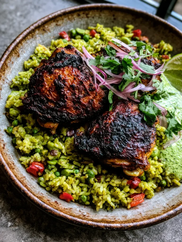 Peruanisches Hähnchen mit Reis: Das ultimative Arroz con Pollo Rezept 1 Draufsicht auf einen Teller Peruanisches Hähnchen mit Reis garniert mit roten Zwiebeln.