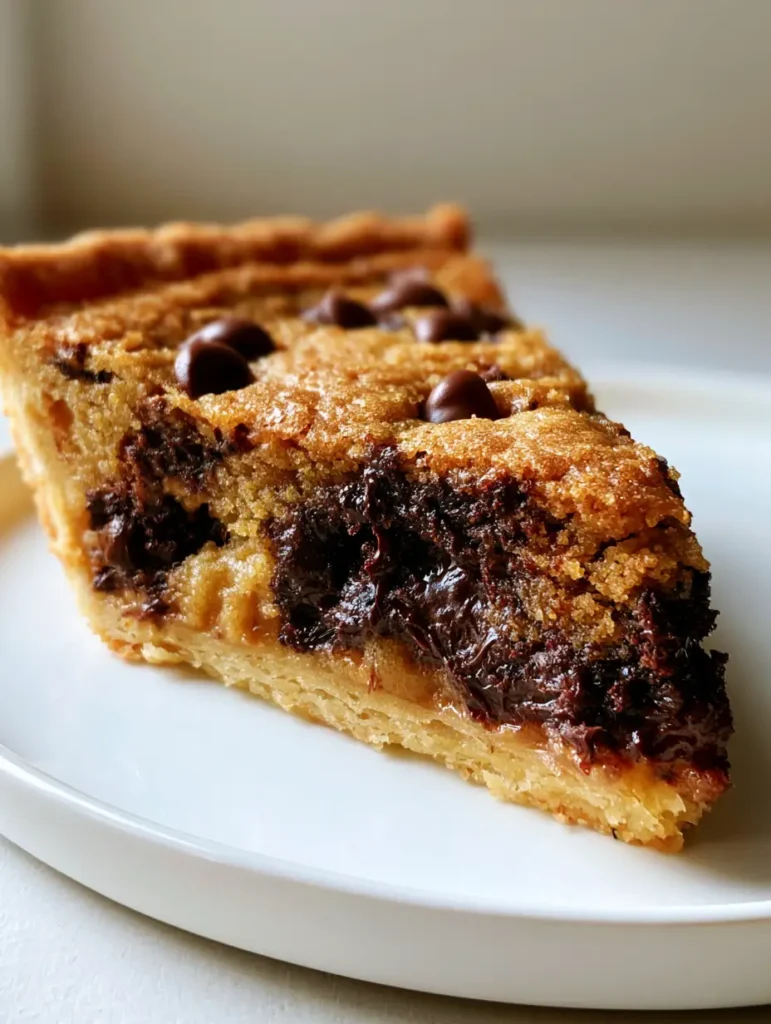 Nahaufnahme eines Stücks Chocolate Chip Cookie Pie mit geschmolzenen Schokoladenstücken. (Chocolate Chip Cookie Pie Rezept)