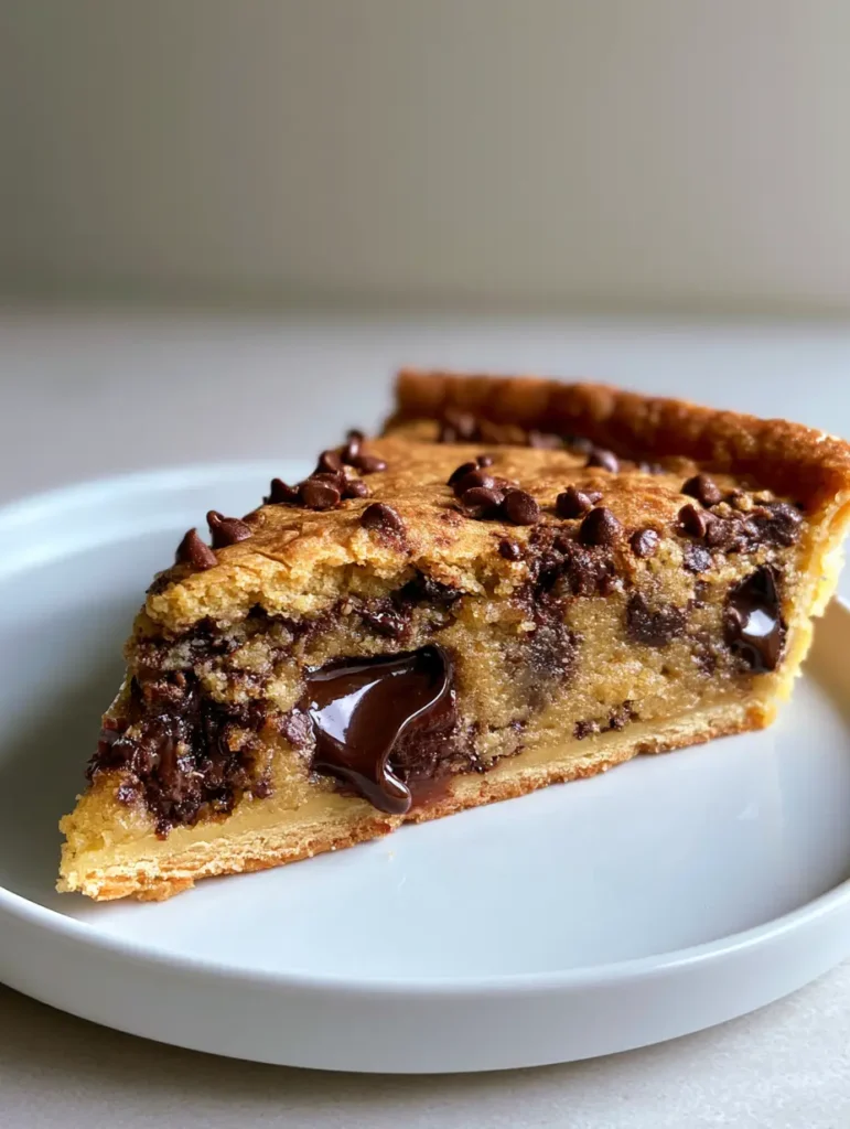 Chocolate Chip Cookie Pie Rezept: Außen knusprig, innen flüssig 1 Ein Stück Cookie Pie auf einem weißen Teller, das die goldbraune Kruste und die weiche Füllung zeigt.