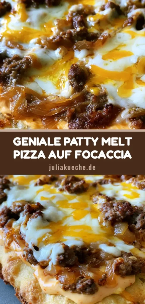 Patty Melt Pizza: Das ultimative Rezept auf fluffigem Focaccia-Boden 4 Patty Melt Pizza auf dickem Focaccia-Boden mit karamellisierten Zwiebeln und geschmolzenem Cheddar.