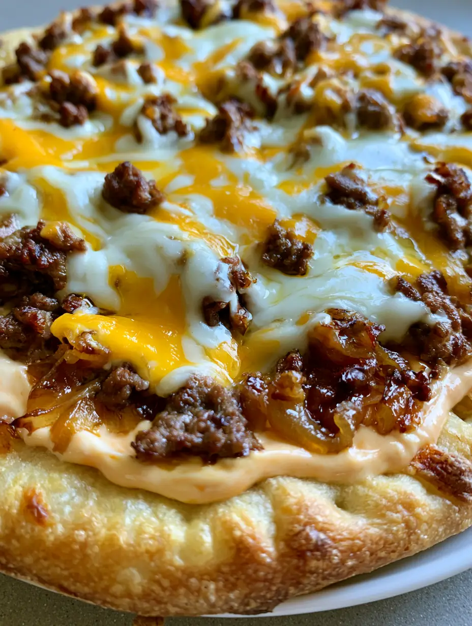 Patty Melt Pizza: Das ultimative Rezept auf fluffigem Focaccia-Boden 3 Draufsicht auf eine Patty Melt Pizza mit reichlich Hackfleisch und Käse.
