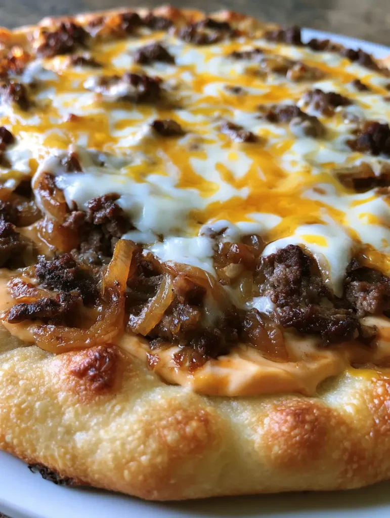 Patty Melt Pizza: Das ultimative Rezept auf fluffigem Focaccia-Boden 1 Patty Melt Pizza mit goldenem Cheddar und Mozzarella frisch aus dem Ofen.