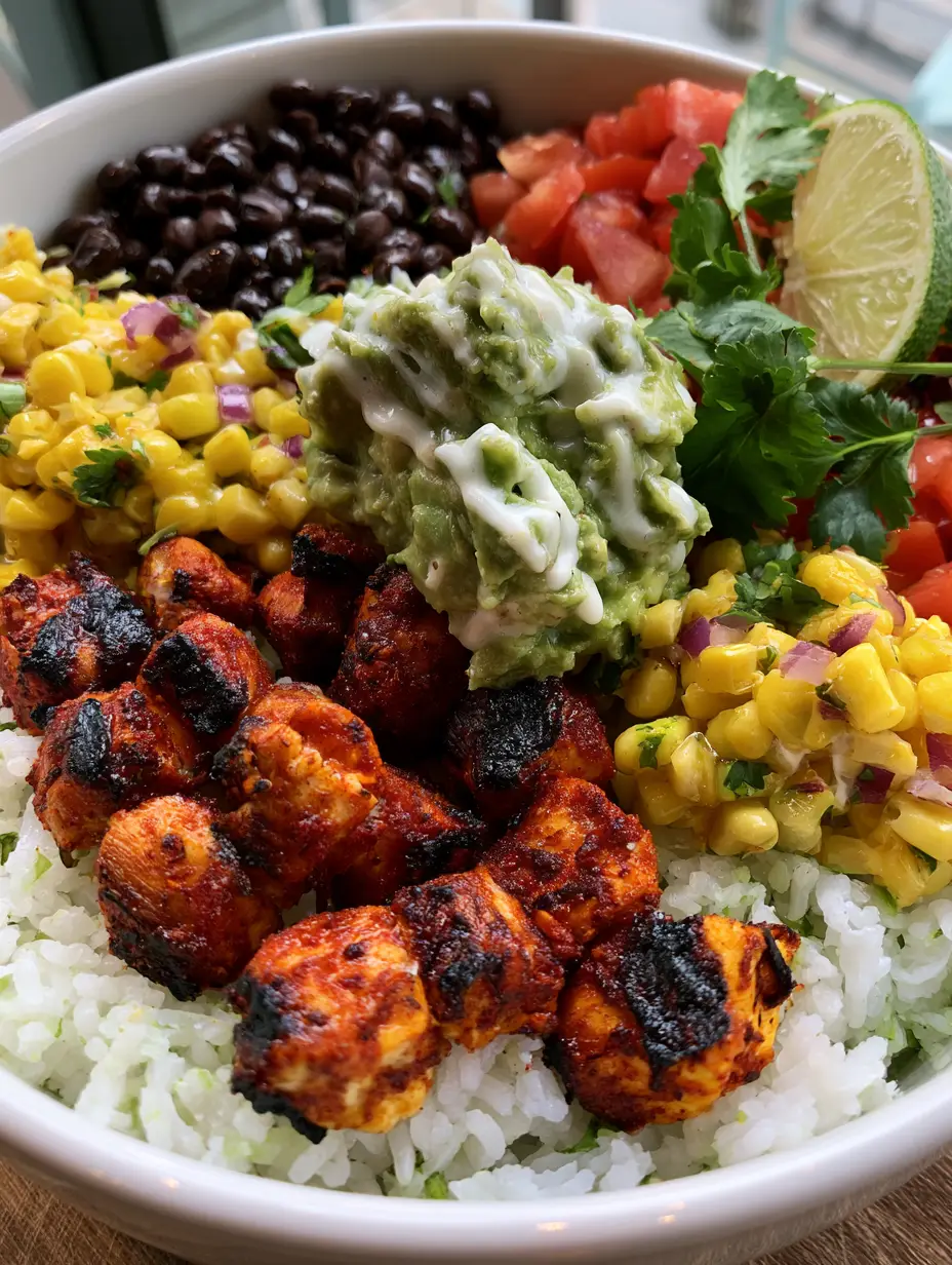 Chipotle Chicken Bowl Rezept: Die ultimative Anleitung für zu Hause 4 Nahaufnahme einer Chipotle Chicken Bowl mit rauchigem Hähnchen und Limetten-Koriander-Reis. (Chipotle Chicken Bowl Rezept)