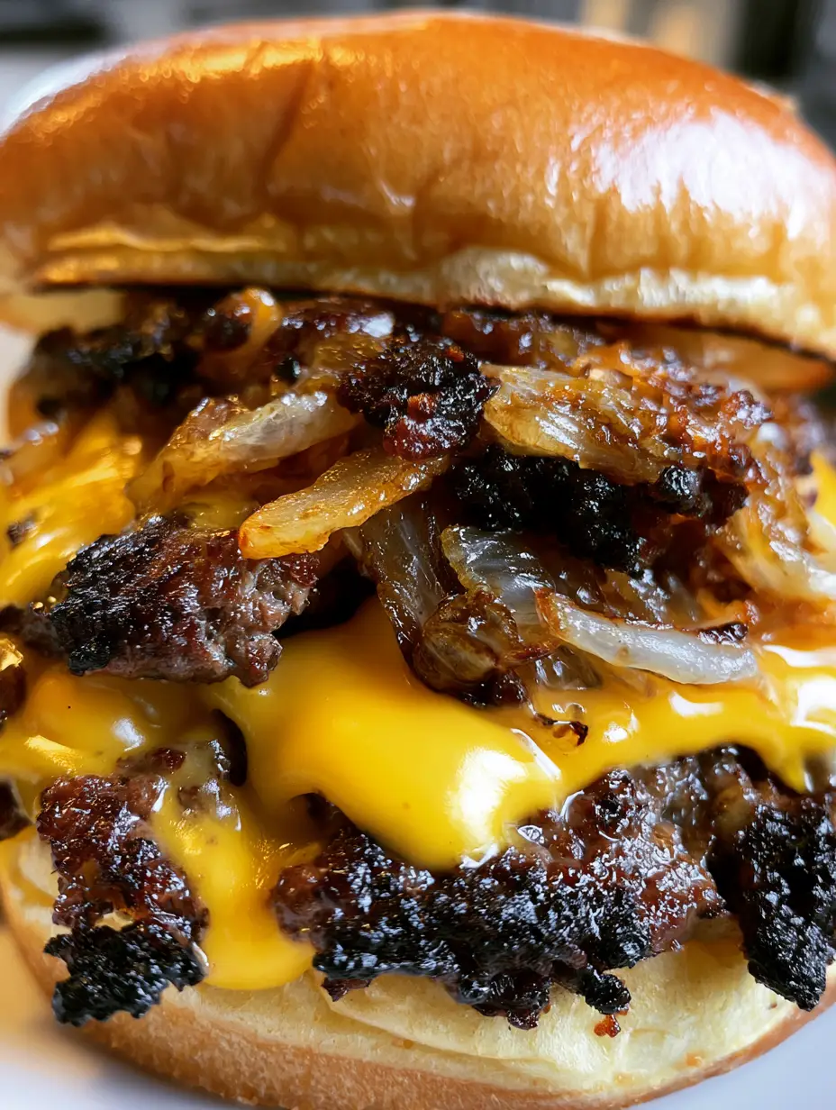 Ein saftiger Smash Burger in der Hand gehalten, man sieht die dünnen, knusprigen Fleischränder und den Käse. Smash Burger Rezept.