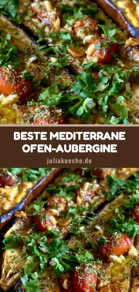 Mediterrane Ofen-Aubergine mit Tomaten & Knoblauch 4 Zwei Hälften Mediterrane Ofen-Aubergine mit Rautenmuster, gerösteten Tomaten und Petersilie auf einem rustikalen Teller.