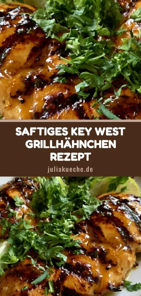 Key West Grillhähnchen: Saftiges Rezept mit Honig-Limetten-Glasur 4 Nahaufnahme von Key West Grillhähnchen mit dunklen Grillmarken, Honig-Glasur und frischem Koriander auf einem weißen Teller.
