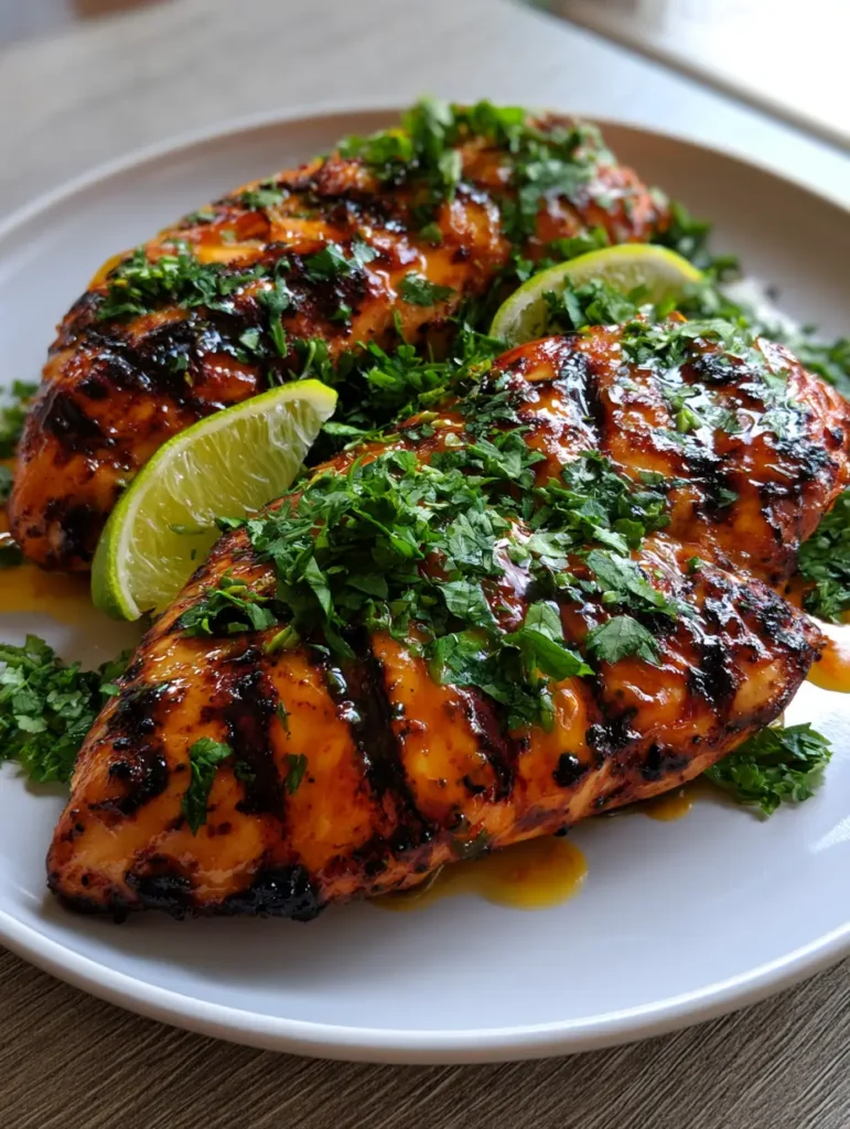 Key West Grillhähnchen: Saftiges Rezept mit Honig-Limetten-Glasur 2 Saftig gegrillte Hähnchenbrust (Key West Grillhähnchen) mit glänzender Glasur und Limetten auf einem Holztisch.