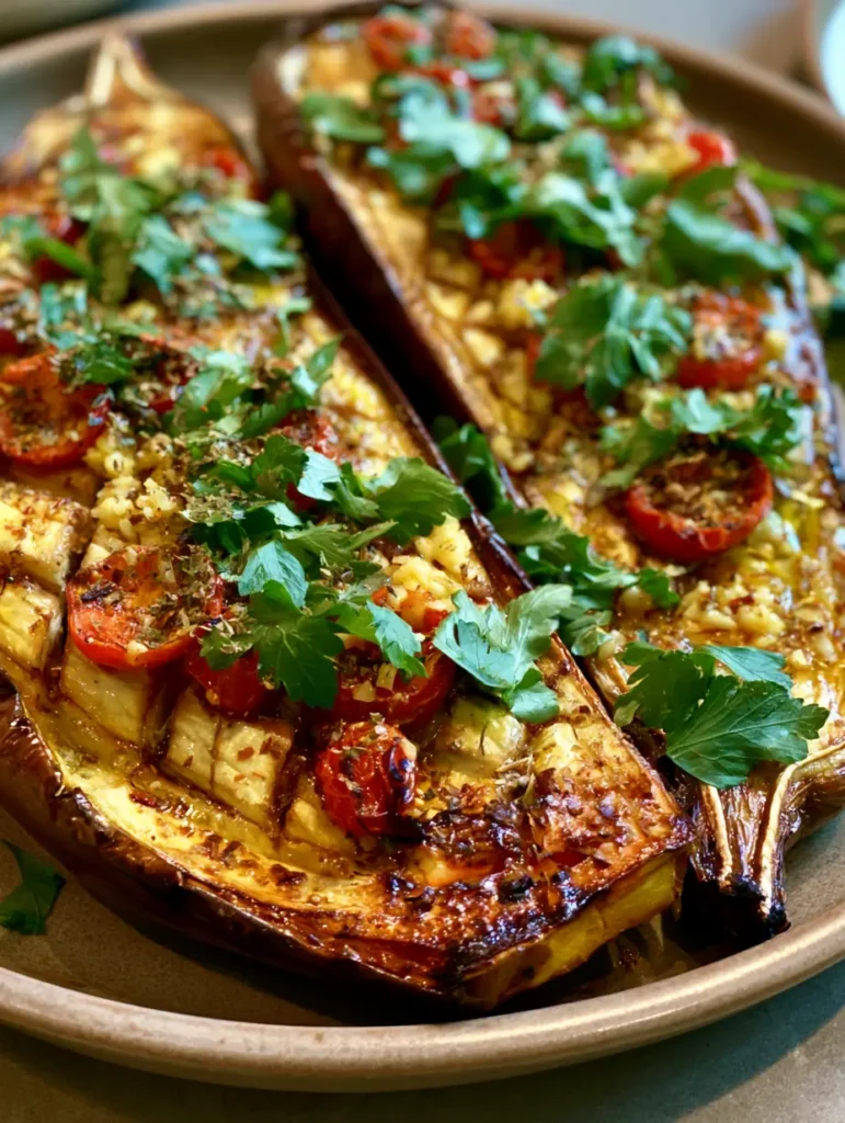 Mediterrane Ofen-Aubergine mit Tomaten & Knoblauch 1 Mediterrane Ofen-Aubergine serviert auf einem Keramikteller, dekoriert mit frischen Kräutern in natürlichem Tageslicht.